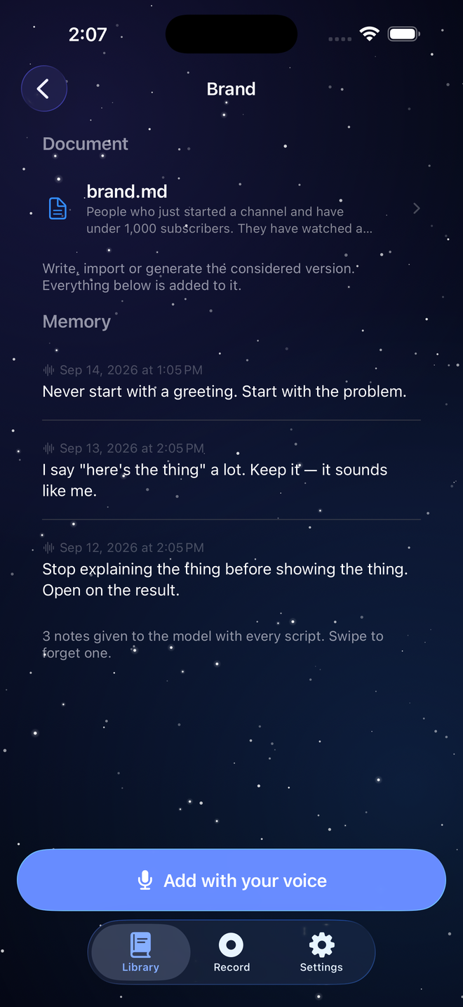 A project's brand memory of dated notes